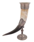 A late 19th century nickel silver mounted cow horn drinking cup, by WMF, stamped mark for 1930-35,