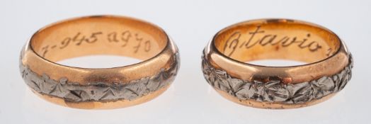 Two handcrafted rose gold band rings, overlaid with white gold, interior with inscription,
