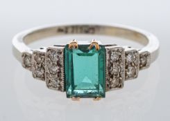 Art Deco style green topaz and diamond ring set in 18ct white gold mount,
