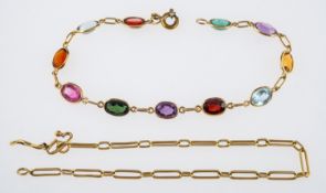 A multi gem set bracelet set with pink and blue topaz, amethyst and garnet, in unmarked gold,