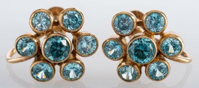 A pair of 1940'S natural blue zircon cluster earrings;