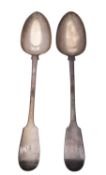 A pair of Victorian silver Fiddle pattern basting spoons by Edwin Sweet, Exeter 1850,