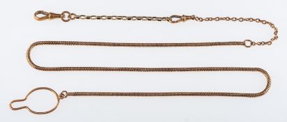 An antique rose gold watch snake chain, with attachment and yellow gold extension,