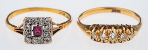 A five stone diamond ring and a small ruby and diamond plaque ring,