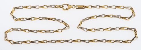 A white & yellow gold chain necklace of twisted loop links, marks for 18ct gold,