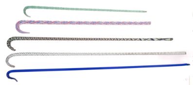 Five novelty coloured glass walking cane
