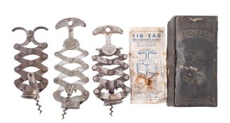 Three marked steel French zig zag corkscrews,
