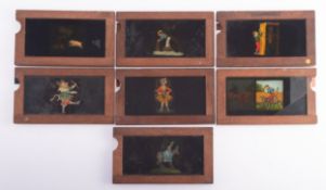 A group of six mahogany framed transfer printed single slip Magic Lantern slides, unsigned,