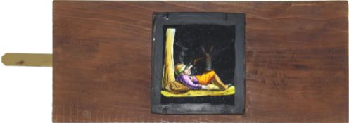 A hand painted brass lever Magic Lantern slide 'Rabbits stealing a gun of sleeping hunter',