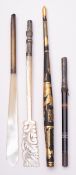 A Victorian agate dipping pen, two mother of pearl handled dipping pens,