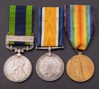 A WWI trio consisting of War Medal, victory Medal and India General Service Medal with clasp,