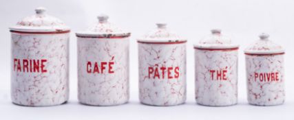 A Collection of five French enamel storage jars and lids,