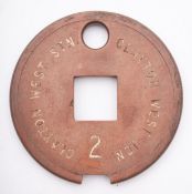 Tyers No.6 fibre single line tablet, 'Clayton West Stn- Clayton West Jcn', 11cm diameter.