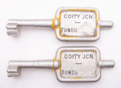 GWR/BR-W Two Tyers No 9 aluminium single line key tokens,' Coity Jcn- Tondu', 19.