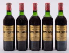 Five bottles Chateau Brane- Cantenac Margaux 1973, owc.