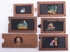 Six mahogany framed hand painted single slip Magic Lantern slides, unsigned,