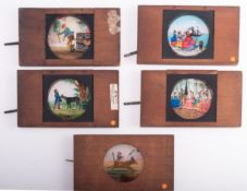 Five mahogany framed hand painted brass lever Magic Lantern slides,