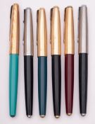 A group of six Parker 61 fountain pens, various barrels and caps.