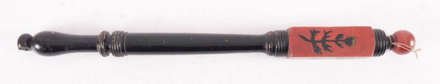 A Victorian painted Tip Staff, red, black and gold, a crown above VB,