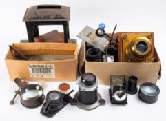 A mahogany and brass Magic Lantern (in need of repair) together with a collection of miscellaneous