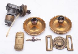 A Royal Marines waist belt clasp, together with RAF sweetheart brooch, brass lighter,