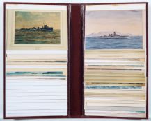Annotated album with cards depicting battleships, destroyers and cruisers,