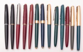 A collection of various Parker fountain pens, consisting of six Parker '45', Parker '61' and others.