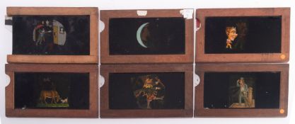 A group of six mahogany framed transfer printed single slip Magic Lantern slides, unsigned,