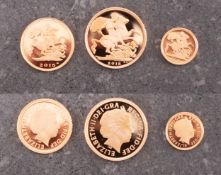 A Royal Mint boxed 2015 three coin proof set, sovereign, half sovereign and quarter.