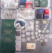 A collection of miscellaneous coins and medallions including Crowns,