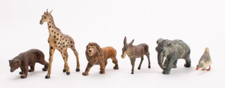 Five mid 20th century German/Italian Elastoin or similar toy animal, Bear, Elephant, Giraffe,