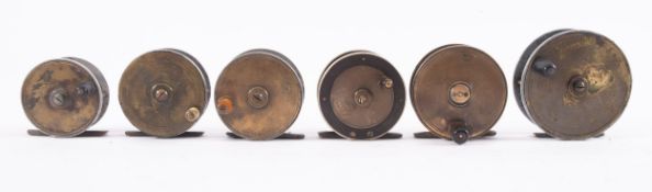 A Macleay of Inverness brass and ebonite 3 inch centre pin fishing reel, together with a brass,