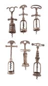 Six French flynut corkscrews of Perille type, early 20th century, including one marked 'J.