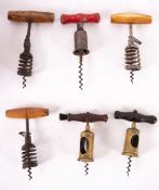 Four Recknagel type spring wood and bone T-handle corkscrews, including one marked 'Neue Hercules D.