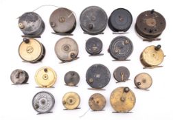 A group of 11 brass salmon and trout fly fishing reels and winches,