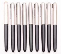 A group of nine Parker 51 fountain pens, black barrel with sliver plated caps.