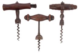 An American Bennitt bell cap self pulling corkscrew, with turned wood handle,