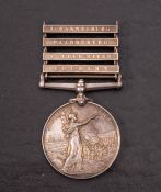 A Queen's South Africa Medal (Ghost dates) with three clasps, '16143 Dr A.Barrett 18th Batt.