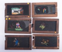 Six mahogany framed hand painted single slip Magic Lantern slides, unsigned,