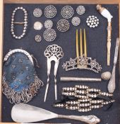 A group of antique items including a cut steel and horn hair comb,