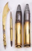 Trench Art: paper knife and pen and two 30mm auto cannon shells dummies,