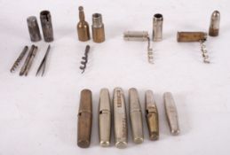 An assortment of brass and steel roundlet corkscrews, including a marked Buchanan's Redseal,
