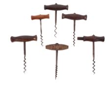 Six unmarked wood T-handle corkscrews,