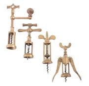 Four brass corkscrews, including a 19th-century 'Farrow and Jackson' type butterfly corkscrew,