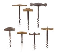 Seven straight-pull brass and steel T-handle corkscrews,