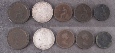 An 1891 crown, 1797 cartwheel two pence with three Georgian coppers.