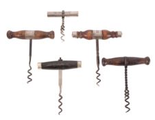 Five American T-handle corkscrews, including two marked Haff New York 1885 patent ones,