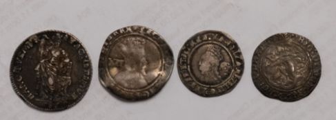 A 1569 Elizabeth I sixpence, Henry Groat, James I Shilling, and a 1786 Dutch guilder.