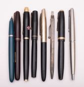 A group of six various fountain pens comprising three Parker pens, a Swan pen,