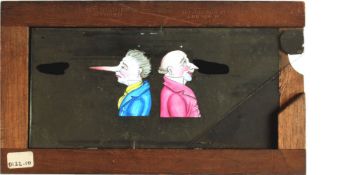 A hand painted single slip Magic Lantern slide 'Two men with growing and shrinking noses',
